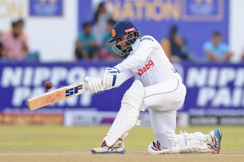 Sri Lanka's captain Dhananjaya de Silva plays a shot on the third day of the first cricket test match between New Zealand and Sri Lanka in Galle, Sri Lanka, Friday, Sept. 20, 2024. (AP Photo/Viraj Kothalawala)