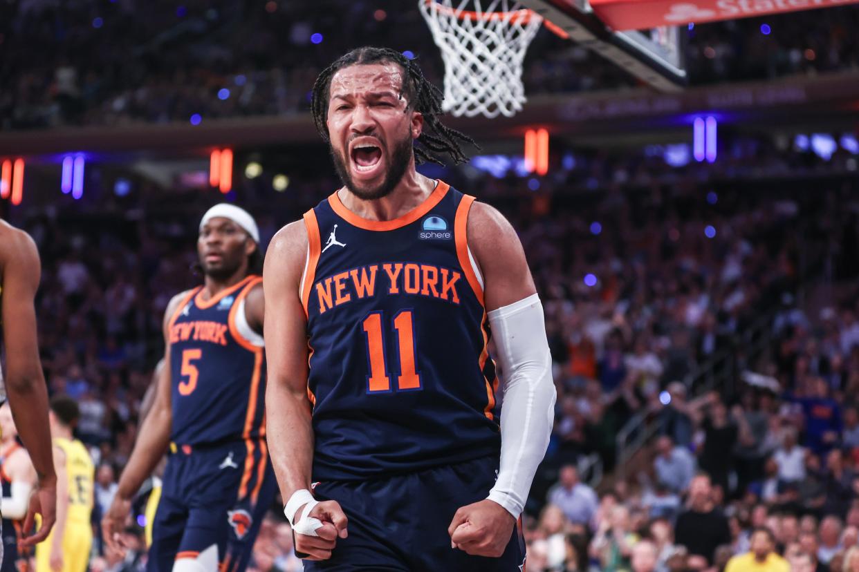 May 8, 2024; New York, New York, USA; New York Knicks guard Jalen Brunson (11) celebrates in the third quarter after scoring against the Indiana Pacers during game two of the second round for the 2024 NBA playoffs at Madison Square Garden. Mandatory Credit: Wendell Cruz-USA TODAY Sports