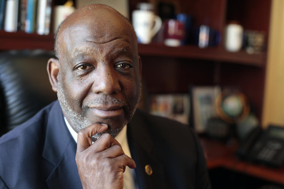 FILE - In this April 1, 2015 file photo, American Baptist College President Forrest E. Harris poses in his Nashville, Tenn. office. With a tiny endowment, the school relies heavily on tuition from its 100 students and is facing a “significant revenue loss” from COVID-19. Harris is confident the school will continue educating social justice leaders. (AP Photo/Mark Humphrey, File)