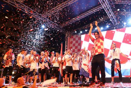 Soccer Football - World Cup - The Croatia team return from the World Cup in Russia - Zagreb, Croatia - July 16, 2018 Croatia coach Zlatko Dalic on stage during celebrations REUTERS/Antonio Bronic