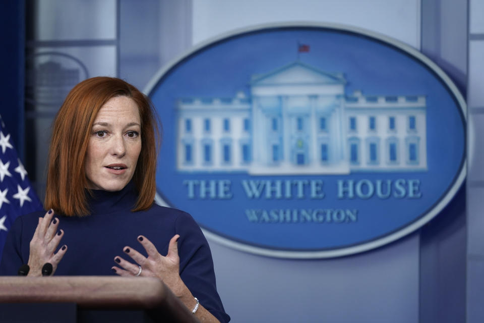 White House press secretary Jen Psaki speaks during a press briefing at the White House, Monday, Feb. 8, 2021, in Washington. (AP Photo/Patrick Semansky)