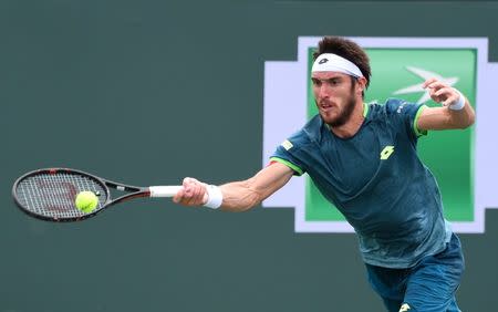 Mar 13, 2018; Indian Wells, CA, USA; Leonardo Mayer (ARG) during his third round match against Taro Daniel (not pictured) in the BNP Paribas Open at the Indian Wells Tennis Garden. Jayne Kamin-Oncea-USA TODAY Sports