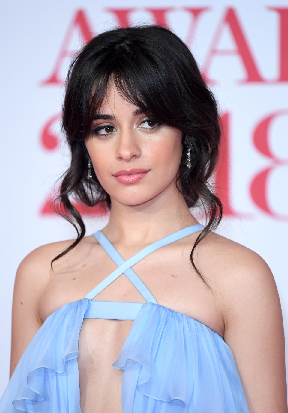 Camila Cabello on the red carpet in 2018 wearing a stylish, flowing dress with crisscross straps