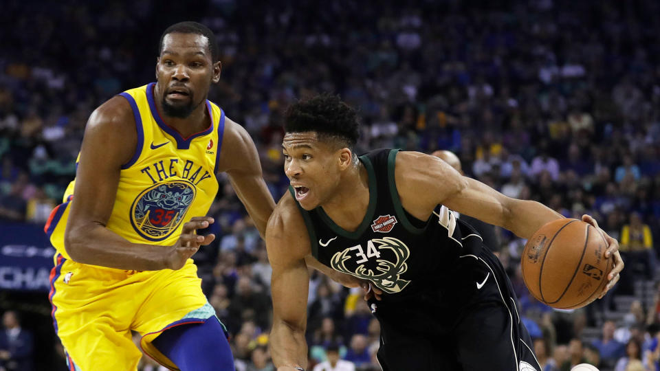 Giannis Antetokounmpo says he’s still chasing Kevin Durant. (AP)