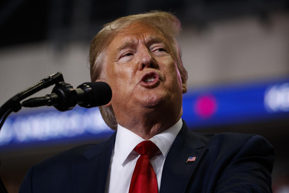 President Donald Trump speaks during a campaign rally at the Santa Ana Star Center, Monday, Sept. 16, 2019, in Rio Rancho, N.M. (AP Photo/Evan Vucci)