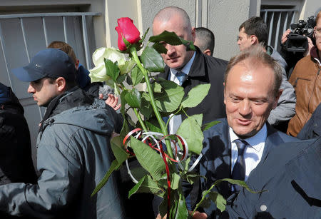 Donald Tusk, the President of the European Council walks with supporters in Warsaw, Poland April 19, 2017. Agencja Gazeta/Slawomir Kaminski via REUTERS