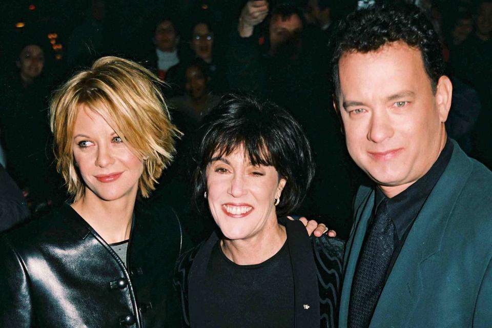 <p>Matt Baron/BEI/Shutterstock</p> Meg Ryan, Nora Ephron and Tom Hanks at the "You