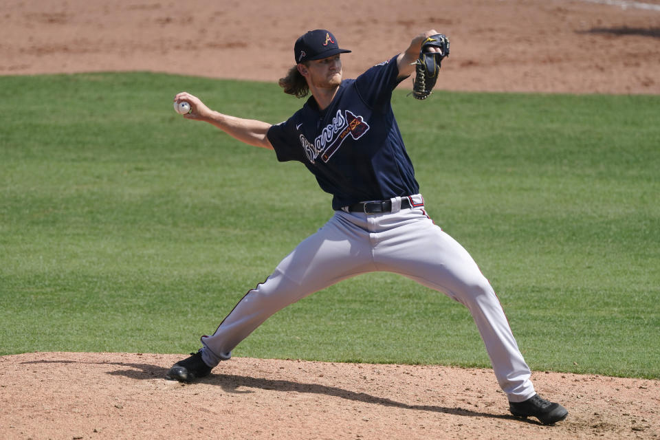 Atlanta Braves starting pitcher Mike Soroka (40) works in the seventh inning of a spring training baseball game against the Boston Red Sox Tuesday, March 30, 2021, in Fort Myers, Fla. Soroka was making his first appearance of the spring after tearing his Achilles tendon last August. (AP Photo/John Bazemore)