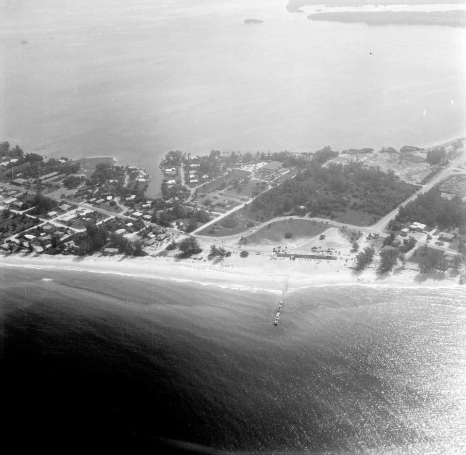 An aerial view of Manatee Public Beach in the 1970s.