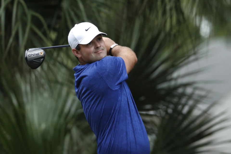 Patrick Reed hits from the 11th tee during the first round of the RBC Heritage golf tournament, Thursday, June 18, 2020, in Hilton Head Island, S.C. (AP Photo/Gerry Broome)