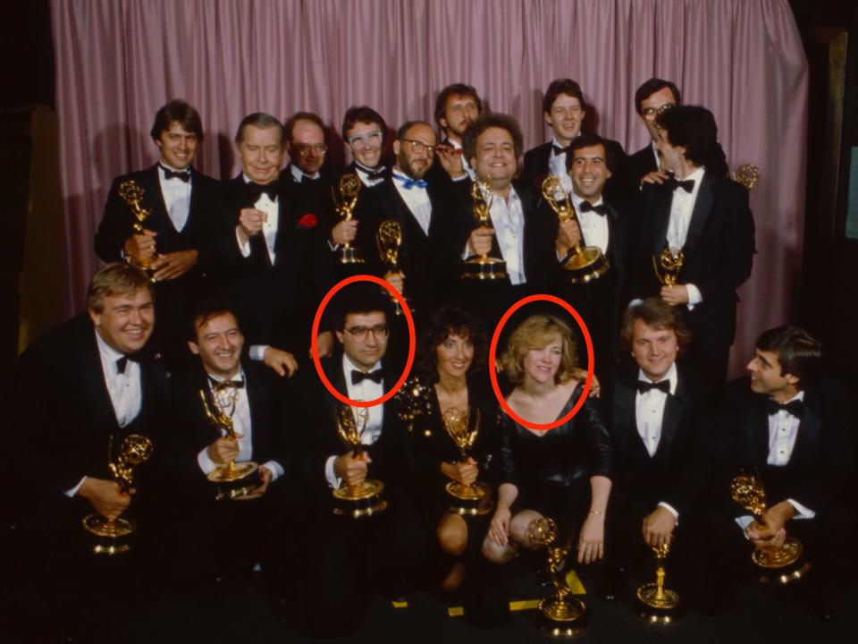 Catherine O'Hara and Eugene Levy with the cast and crew of Second City Television in 1982