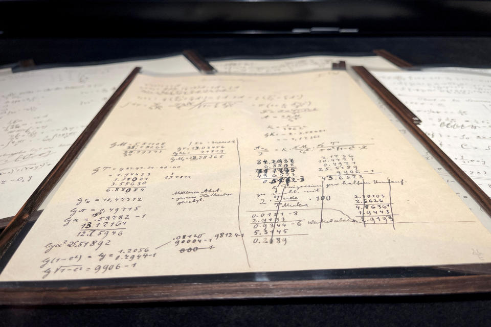 Image: The Einstein-Besso manuscript on display before its auction at Christie's auction house in Paris (Antony Paone / Reuters)