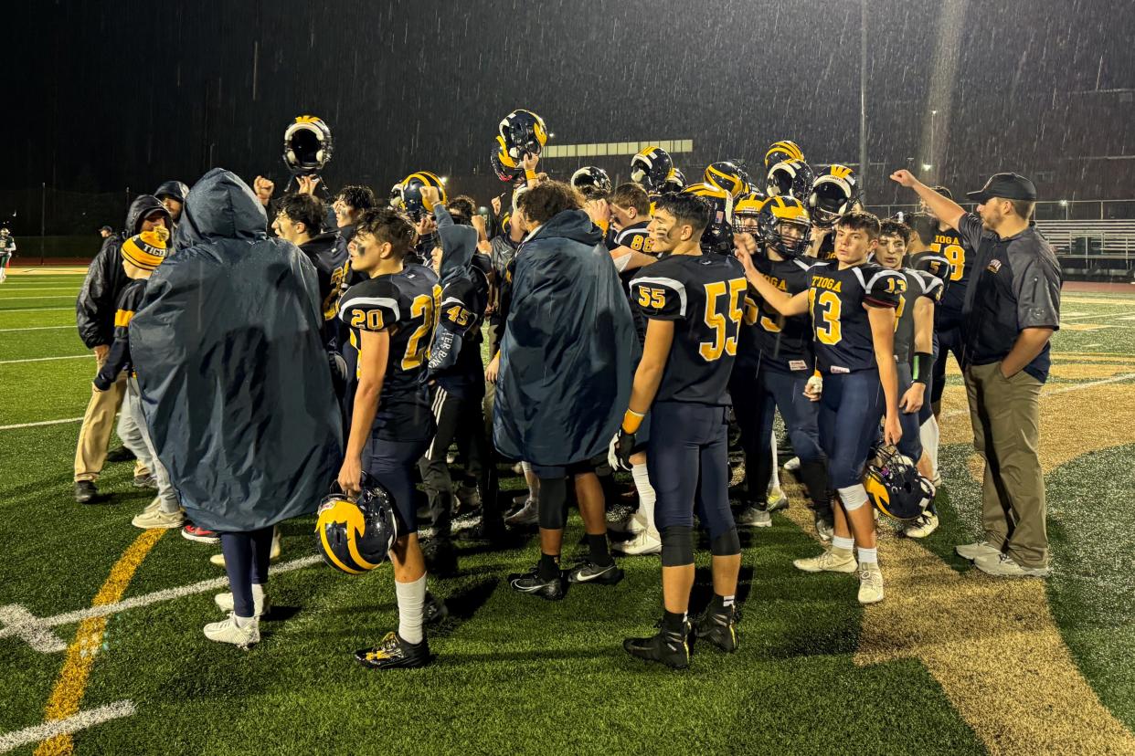 Tioga players huddle after a 56-12 victory over Dolgeville in a NYSPHSAA Class D regional final Nov. 17, 2023 at Vestal.