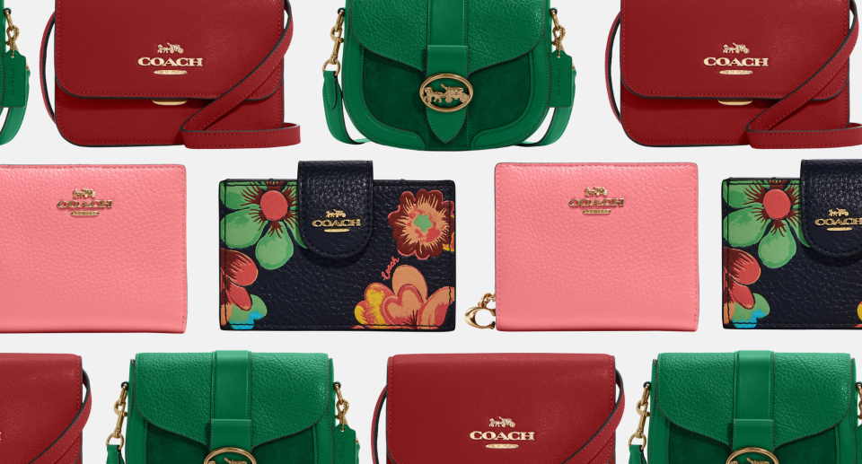 coach outlet red leather bag, green bag, black floral wallet, pink wallet