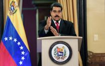 <p>President Nicolas Maduro offering statements to the press, in Caracas, Venezuela, Aug. 4, 2018. Maduro claimed that the Colombian President Juan Manuel Santos, and far-right elements in Venezuela had attempted to assassinate him using a pair of drones flying over a military ceremony. (Photo: Miraflores Press Office/Handout/EPA-EFE/REX/Shutterstock) </p>