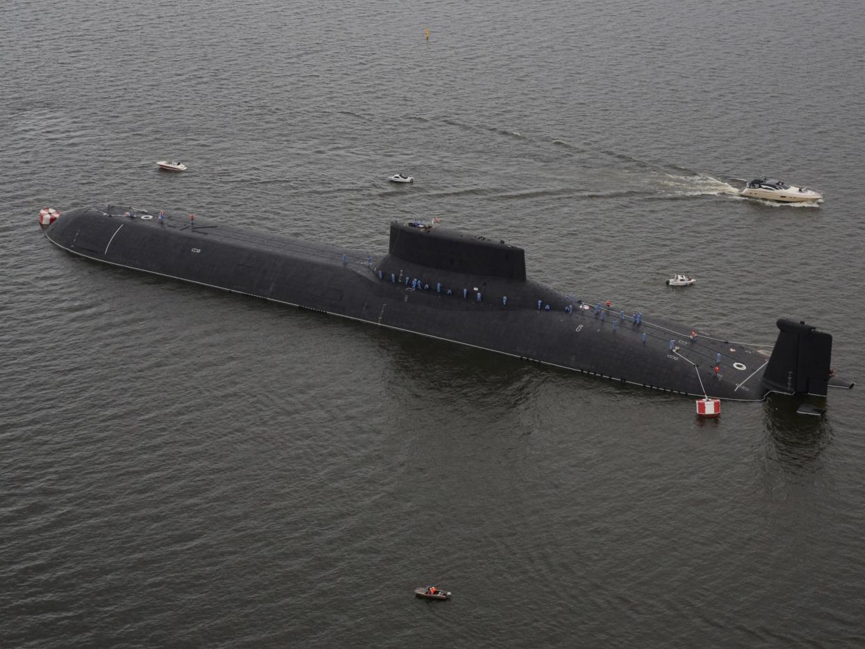 An aerial view shows the Russian nuclear submarine Dmitry Donskoy moored on the eve of the the Navy Day parade in Kronshtadt, a seaport town in the suburb of St. Petersburg, Russia: REUTERS/Anton Vaganov