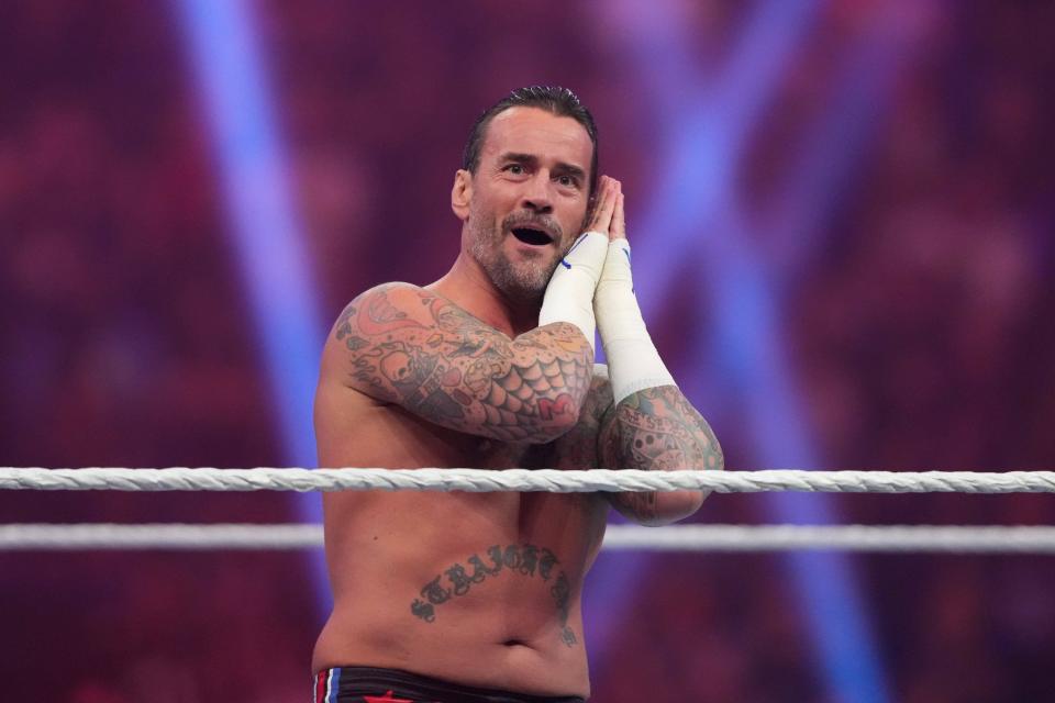 CM Punk reacts during the Men’s Royal Rumble match at Tropicana Field.