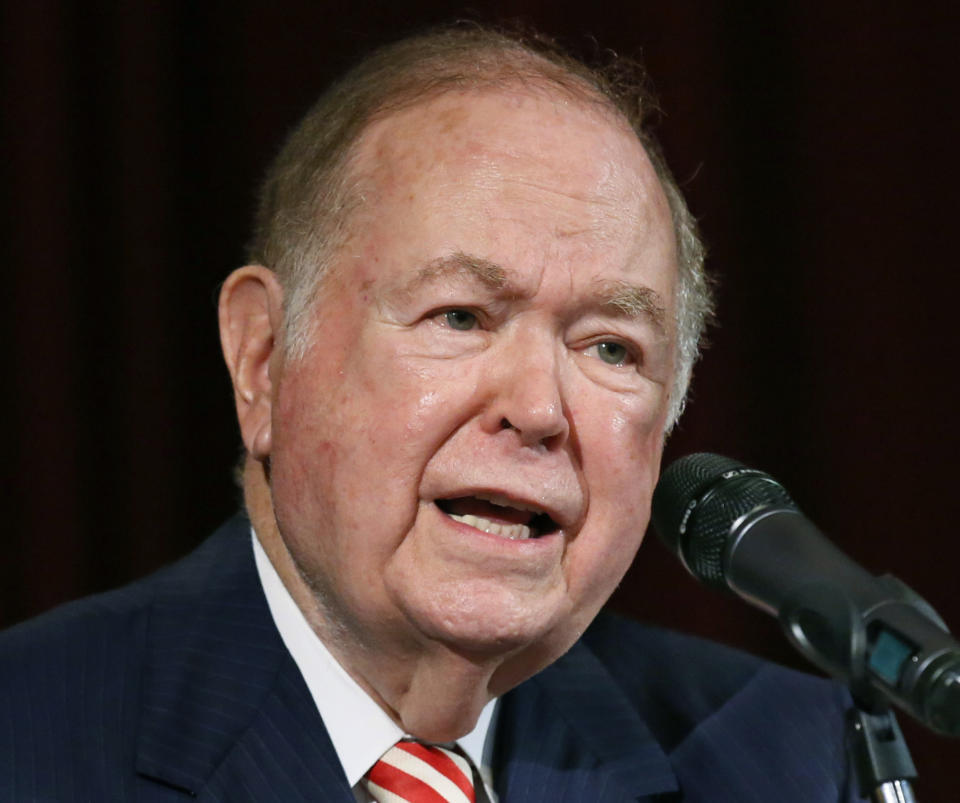 FILE - In this Sept. 20, 2017, file photo, University of Oklahoma President David Boren, a former Democratic governor and U.S. senator, speaks at a news conference in Norman, Okla. The allegations by Jess Eddy, a former University of Oklahoma student, appear to be at the center of an investigation being conducted for the university into whether Boren sexually harassed male subordinates. Boren has denied any inappropriate conduct in statements released by his attorneys. (AP Photo/Sue Ogrocki, File)