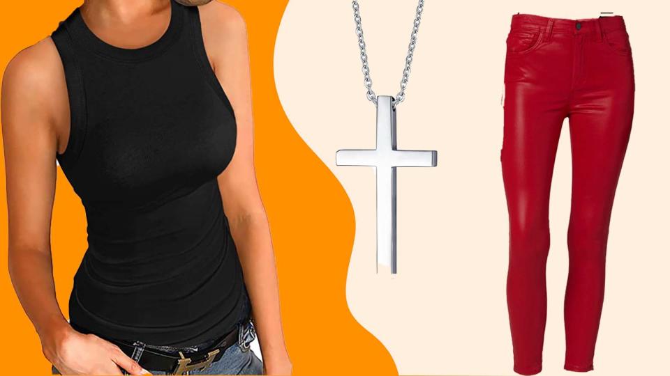 Score the 'Buffy the Vampire' costume by reaching for a black ripped top, this sterling silver cross necklace, and red leather pants.