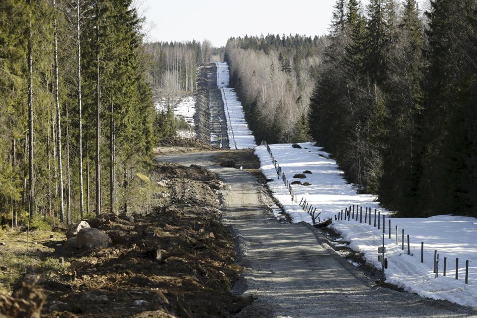 The construction site of the Finland-Russia eastern border barrier fence near Pelkola crossing point in Imatra, south-eastern Finland, Friday April 14, 2023. In Pelkola the construction of a pilot fence of approximately three kilometres has started on both sides of the Imatra border crossing point. Finland’s 1,340 kilometer (832 mile) border with Russia is the longest of any European Union member. (Roni Rekomaa/Lehtikuva via AP)