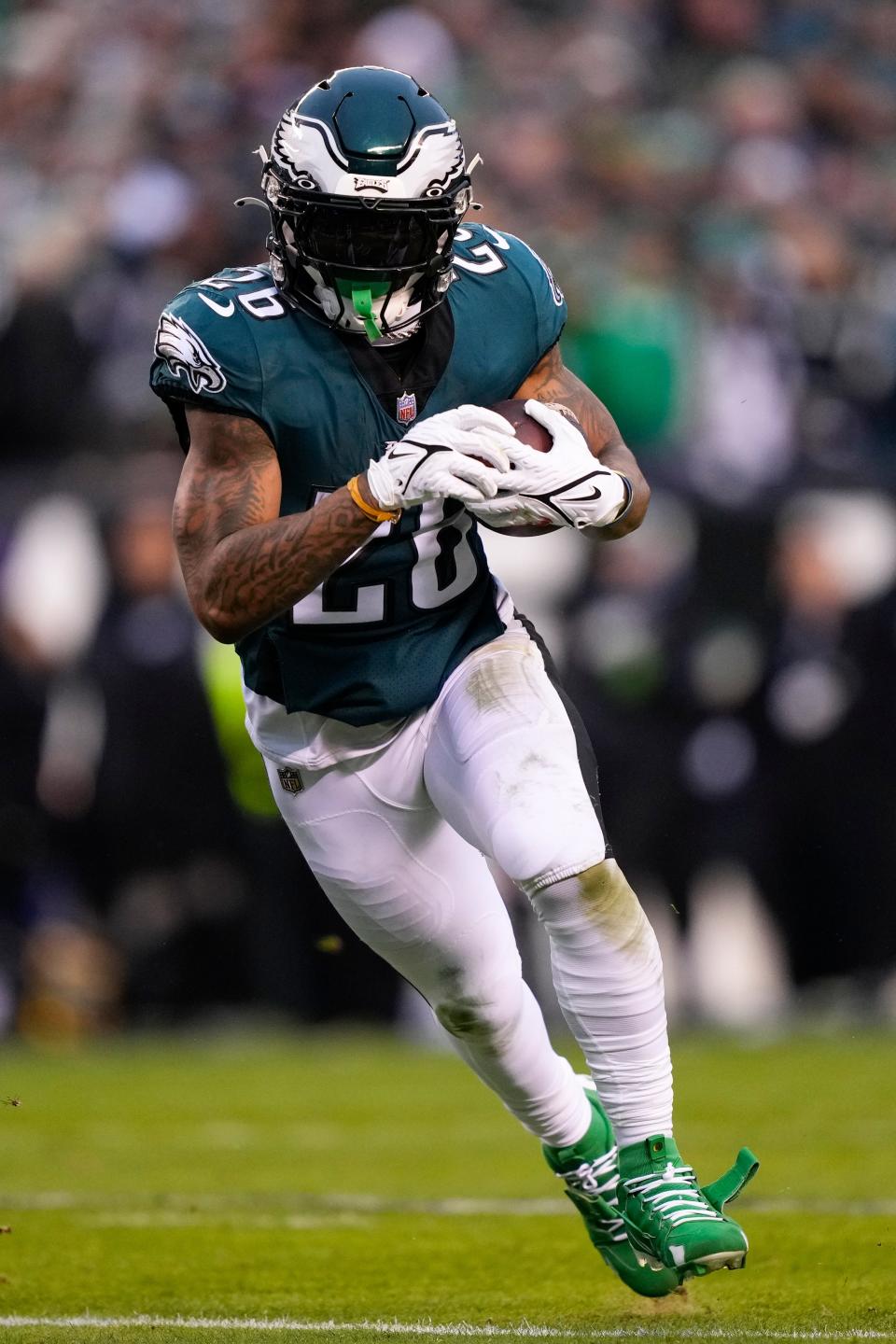 Philadelphia Eagles running back Miles Sanders runs for a touchdown during the first half of the NFC championship game against the San Francisco 49ers on Sunday, Jan. 29, 2023, in Philadelphia.