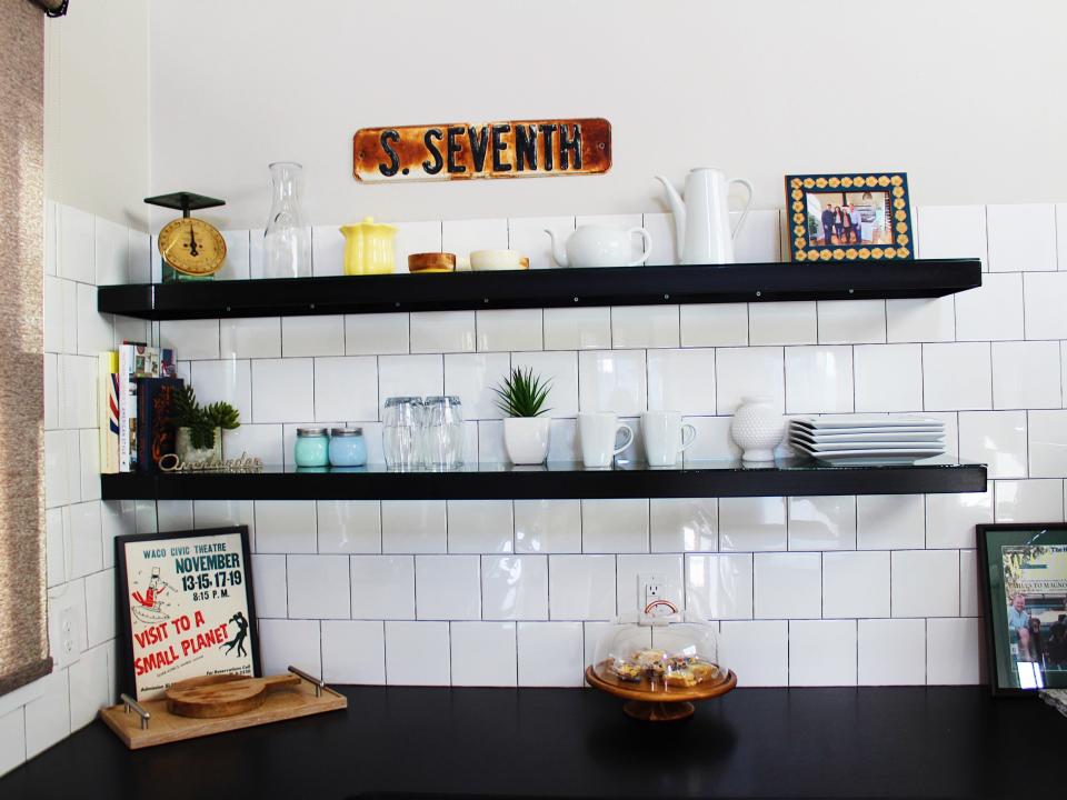 fixer upper shotgun house kitchen shelves