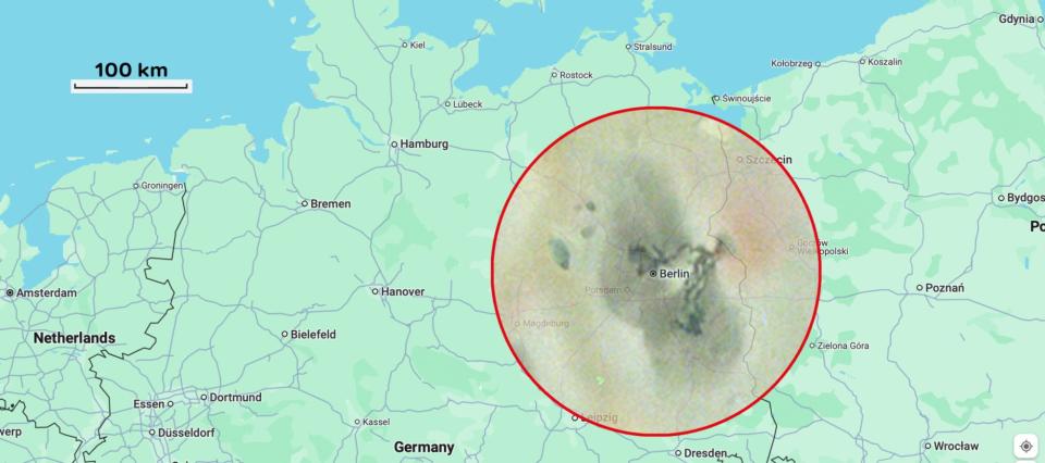 The new Io volcano and lava flows overlaid on Berlin, Germany.