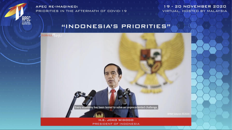 In this image from video released by APEC CEO Dialogues Malaysia 2020, Indonesian President Joko Widodo, speaks at a CEO Dialogue forum via video link, ahead of the Asia-Pacific Economic Cooperation (APEC) leaders' summit, hosted by Malaysia, in Kuala Lumpur, Malaysia, Thursday, Nov. 19, 2020. (APEC CEO Dialogues Malaysia 2020 via AP)