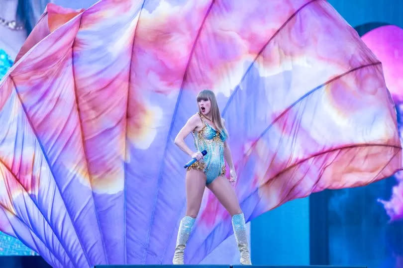 Taylor Swift performs on stage during her Eras Tour at the Murrayfield Stadium in Edinburgh.