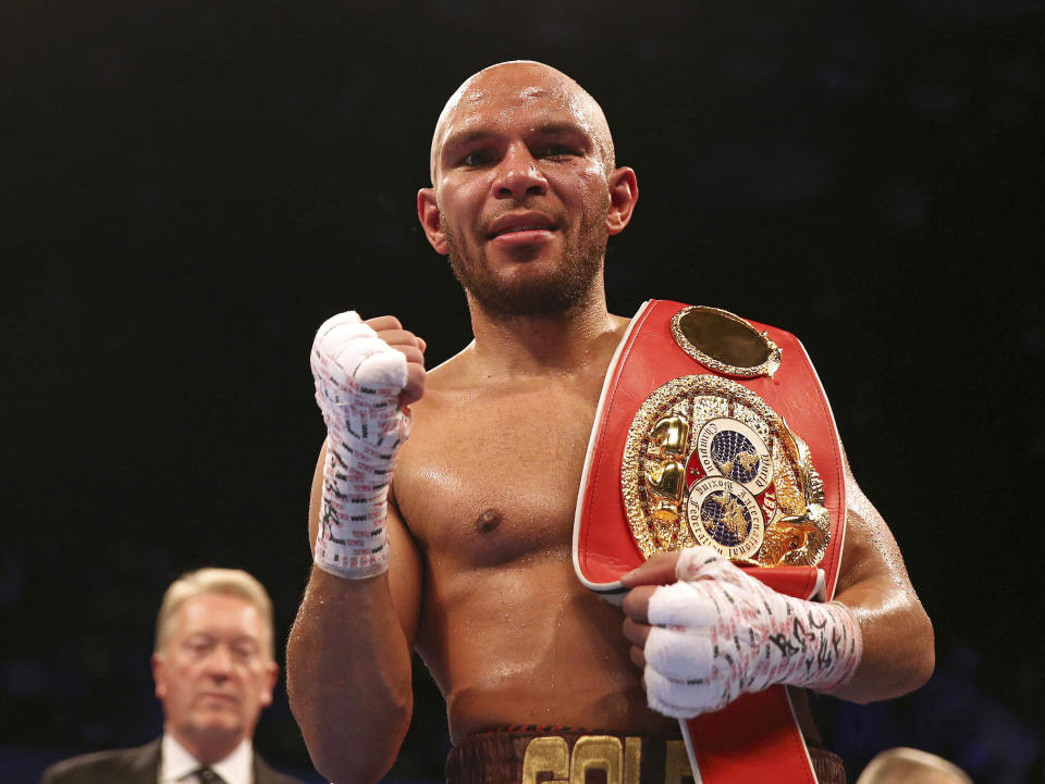 Caleb Truax celebrates after beating James DeGale in their IBF super middleweight championship bout at the Copper Box Arena in London on Dec. 9, 2017. (AP)