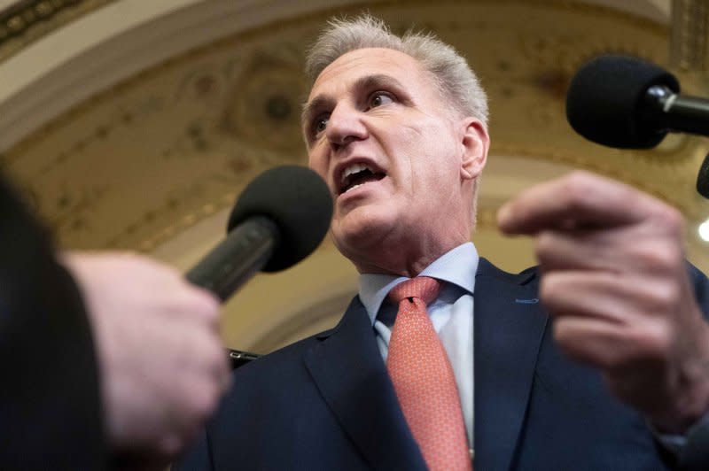 Rep. Kevin McCarthy, R-Calif., speaks to the press before entering the House chambers at the U.S. Capitol on September 27. McCarthy was ousted as speaker in October. File Photo by Bonnie Cash/UPI