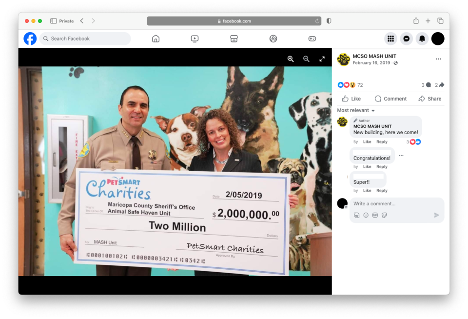 In 2019, PetSmart Charities agreed to donated $2 million to the MCSO MASH nonprofit and handed over $925,000 up front. But because MCSO MASH did not meet benchmarks, it never received the second half of the donation and had to return $283,000.