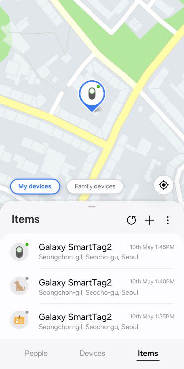 Samsung Find app items tab