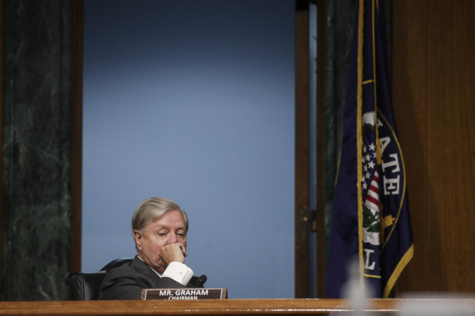 Chairman Sen. Lindsey Graham, R-S.C., presides over a Senate Judiciary Committee hearing on police use of force and community relations on on Capitol Hill, Tuesday, June 16, 2020 in Washington. (Jonathan Ernst/Pool via AP)