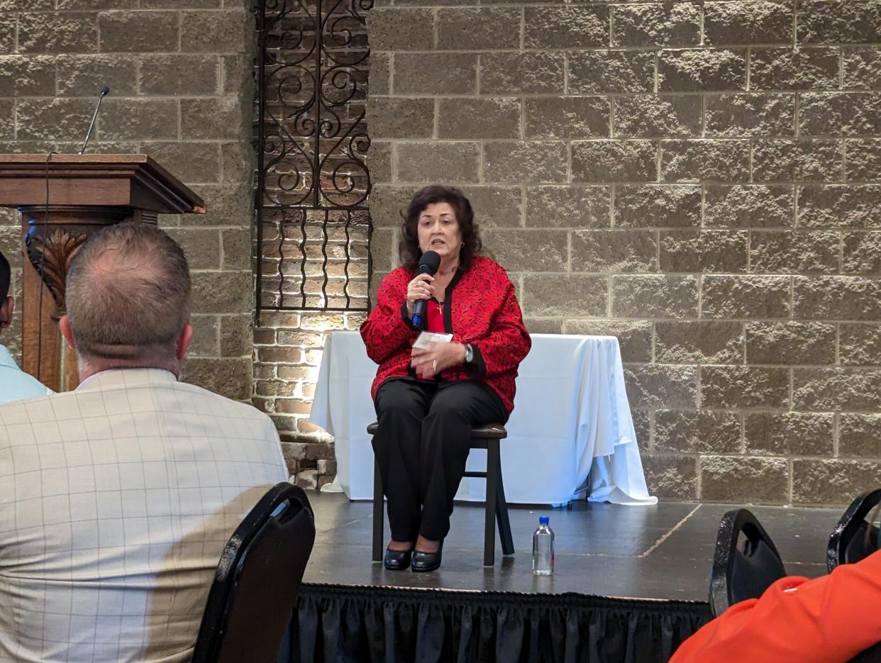 Jeanne White-Ginder, mother of Ryan White and HIV/AIDS awareness advocate and speaker, tells her son’s story at the seventh annual People of Courage awards hosted by Positively Living and Choice Health Network. May 2, 2023