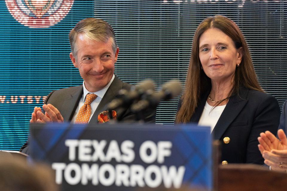 UT President Jay Hartzell and Dr. Claudia F. Lucchinetti, UT senior vice president for medical affairs and dean of the medical school, announce in August plans to build two new hospitals on the UT campus in the space now occupied by the Erwin Center.