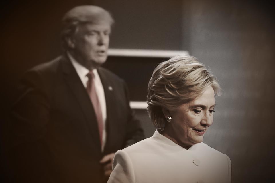 Democratic nominee Hillary Clinton and Republican&nbsp;rival Donald Trump walk off the stage after the final presidential debate in Las Vegas on Oct. 19, 2016. (Photo: Illustration: HuffPost; Photo: Robyn Beck/Getty Images)