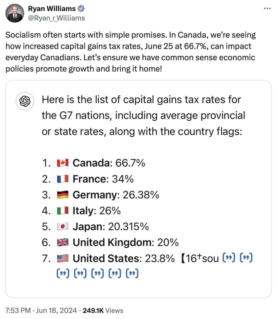 Deleted tweet showing ChatGPT generated list of G7 countries and their capital gains tax.