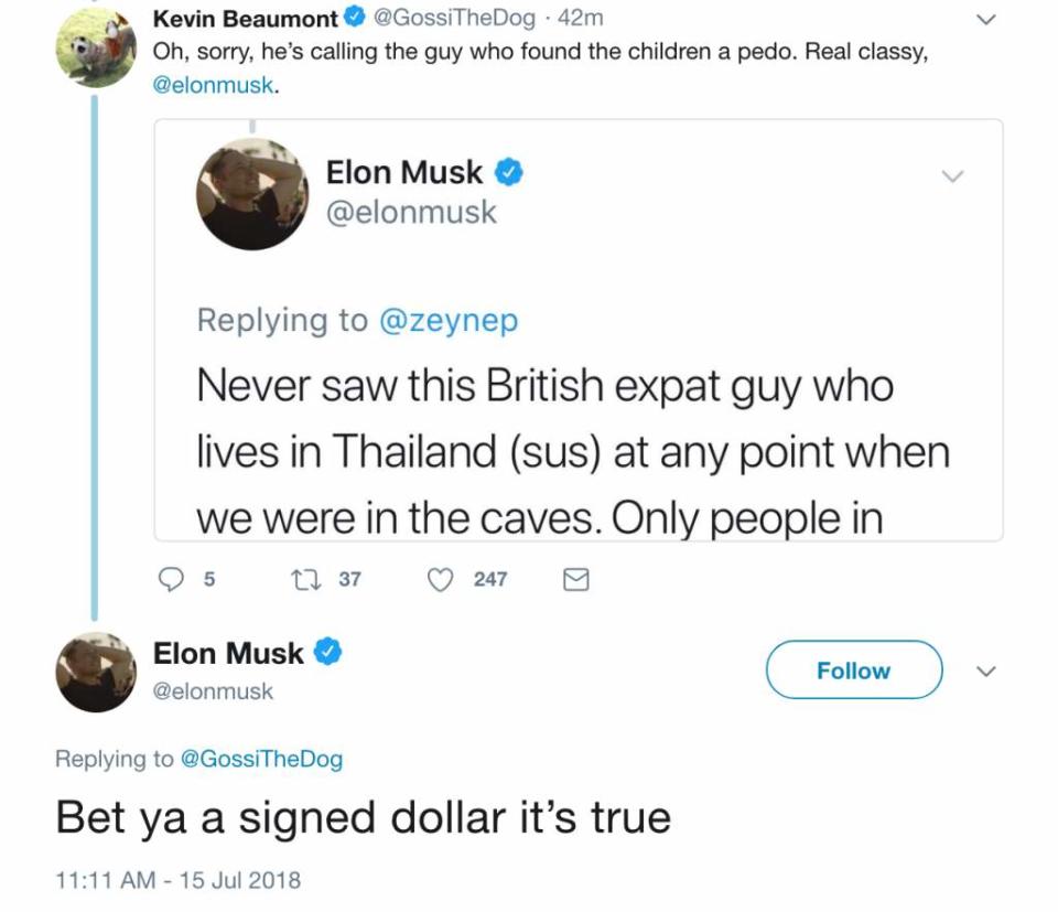 Musk responds to a person calling him out on the ‘pedo’ comment.