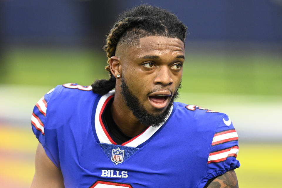 FILE - Buffalo Bills Damar Hamlin with his helmet off before playing the Los Angeles Rams during an NFL football game, Sept. 8, 2021, in Inglewood, Calif. The scenes of Hamlin's on-field collapse after suffering cardiac arrest on Monday, Jan. 2, 2023, has forced some fans to yet again confront a truth they have always known but hated to think about: Football can go from exciting and joyous to dark and tragic in a flash. Now, as the Bills defensive back remains in critical condition in a Cincinnati hospital, fans are reflecting on their relationship with the sport they love. (AP Photo/John McCoy, File)