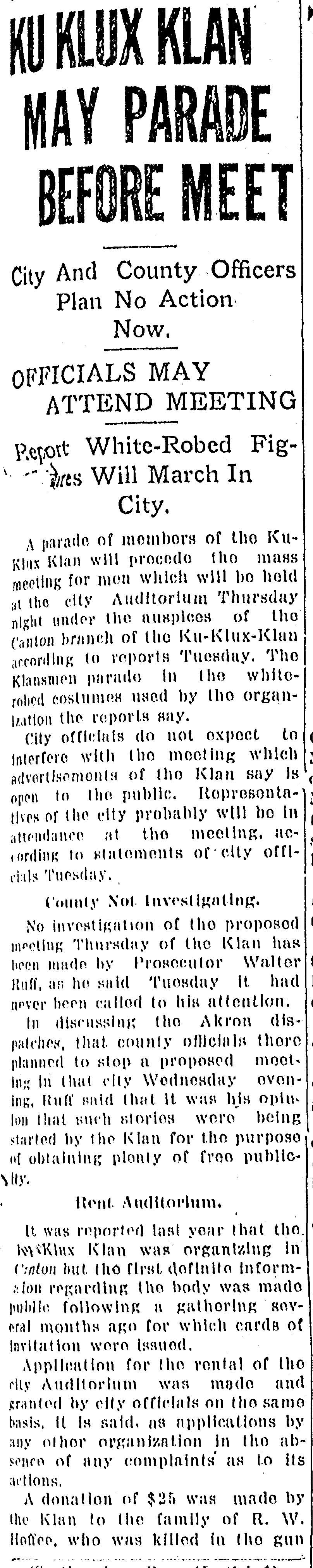 Another Canton Repository story detailed activities expected when the Ku Klux Klan gathered in 1922 in Canton.