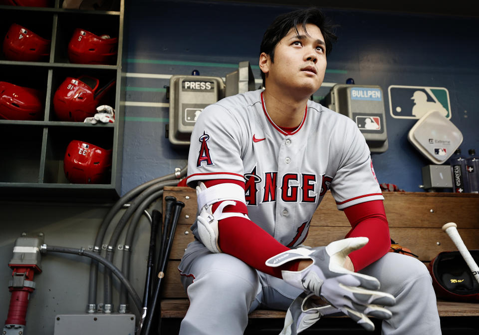 天使日籍球星大谷翔平今二刀流上陣，並繳出6局、無失分、6K，自己還打出雙安的成績單(Photo by Steph Chambers/Getty Images)