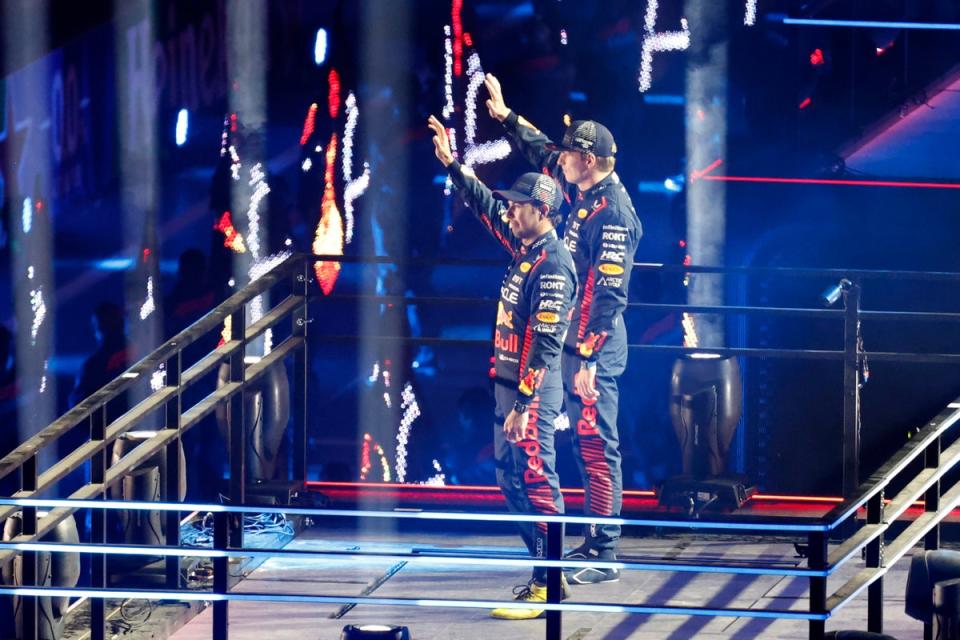 Red Bull duo Max Verstappen and Sergio Perez are unveiled during the opening ceremony in Las Vegas (Getty Images)