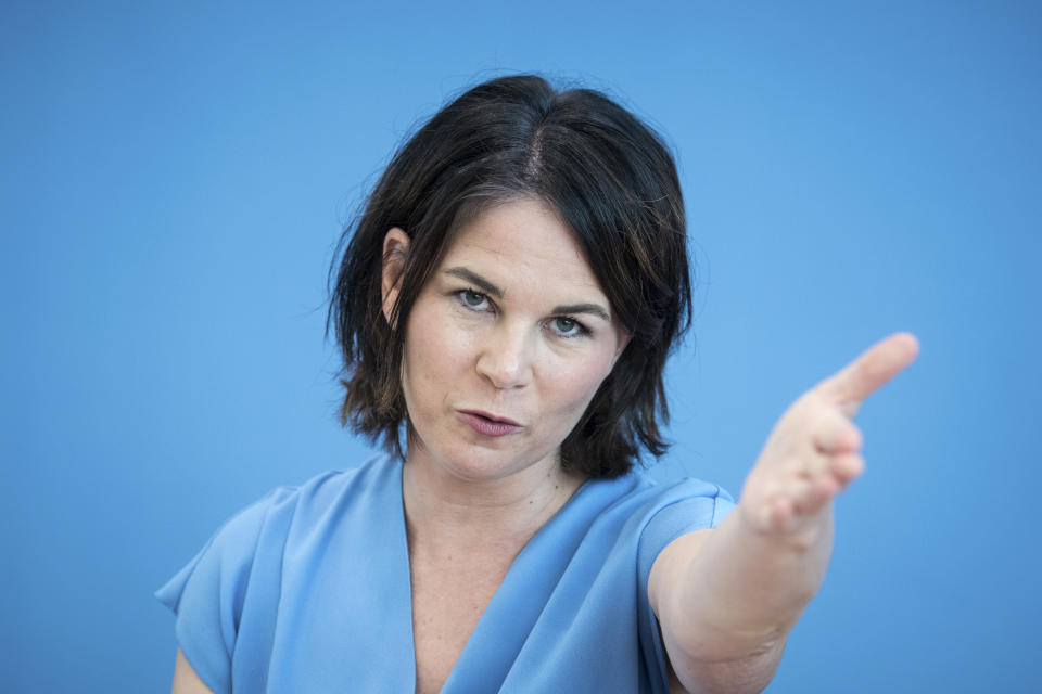 The co-leader of Germany's Green party and top candidate for the upcoming national election Annalena Baerbock reacts during a press conference on the follow-up of the flood desaster, on Monday, July 26, 2021 at the house of the Federal Press Conference in Berlin. (Stefanie Loos/Pool Photo via AP)