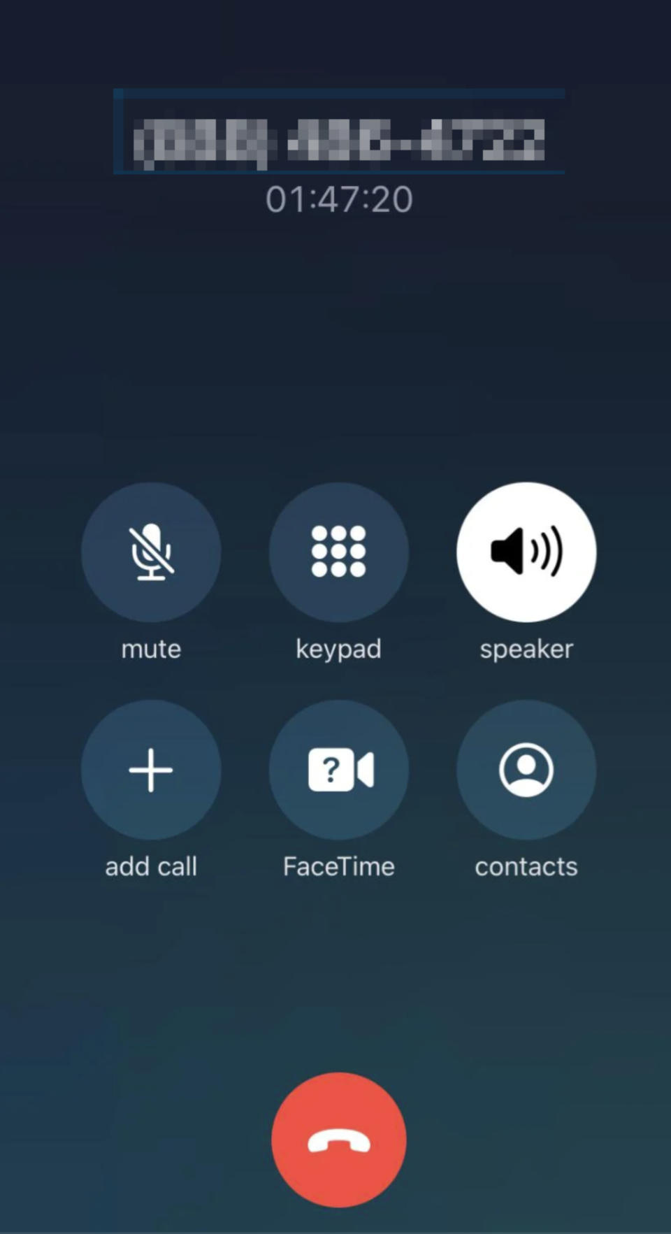 Phone call screen showing call duration of 1 hour, 47 minutes, and 20 seconds with options for mute, keypad, speaker, add call, FaceTime, and contacts