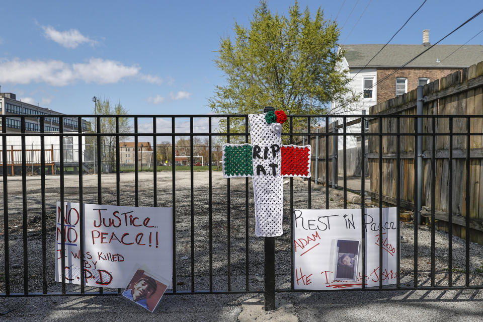 A small memorial where 13-year-old Adam Toledo was shot and killed by a Chicago police officer in the Little Village neighborhood (Kamil Krzaczynski / Getty Images)