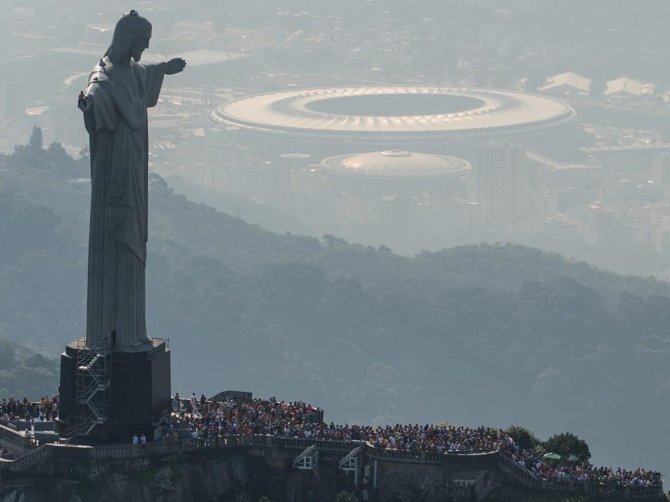 Aerial view of Christ the Redeemer statue, with Maracana stadium on the background, in Rio de Janeiro, Brazil, taken on June 26, 2014.