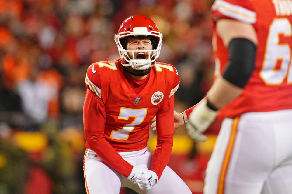 Jan 29, 2023; Kansas City, Missouri, USA; Kansas City Chiefs place kicker Harrison Butker (7) celebrates after making a game-winning field goal against the <a class="link " href="https://sports.yahoo.com/nfl/teams/cincinnati/" data-i13n="sec:content-canvas;subsec:anchor_text;elm:context_link" data-ylk="slk:Cincinnati Bengals;sec:content-canvas;subsec:anchor_text;elm:context_link;itc:0">Cincinnati Bengals</a> during the fourth quarter of the AFC Championship game at GEHA Field at Arrowhead Stadium. Mandatory Credit: Jay Biggerstaff-USA TODAY Sports