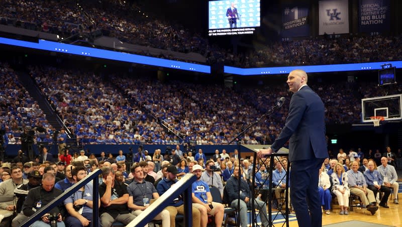 Mark Pope speaks to fans and media after being named Kentucky men's  basketball head coach in Lexington, Ky., Sunday, April 14, 2024.
