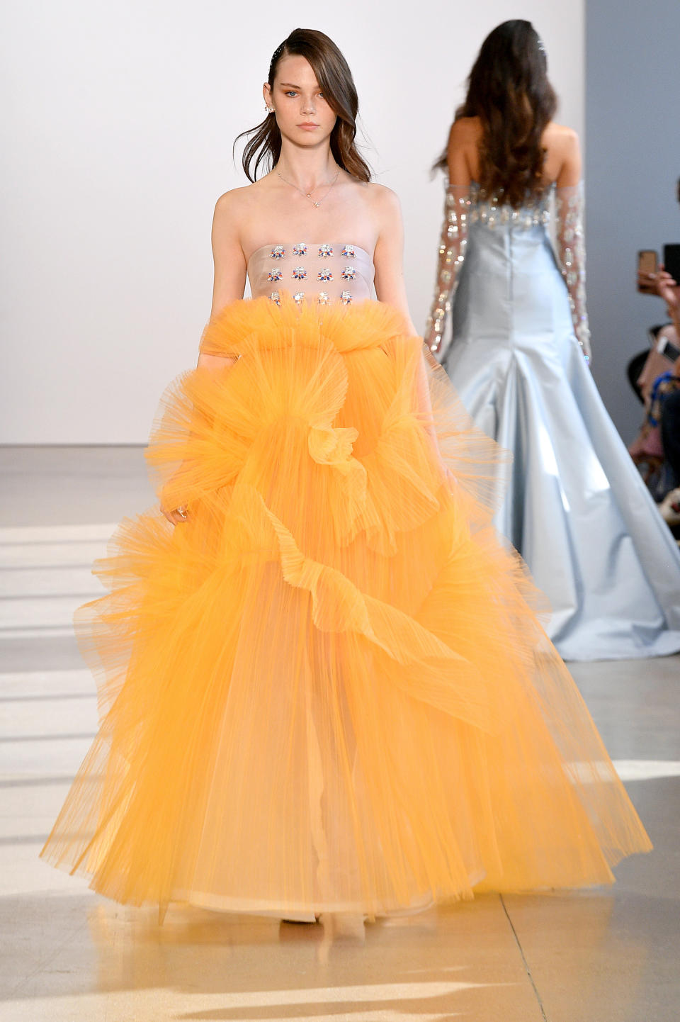 A model walks the runway for Bibhu Mohapatra during New York Fashion Week on Sept. 10.&nbsp;